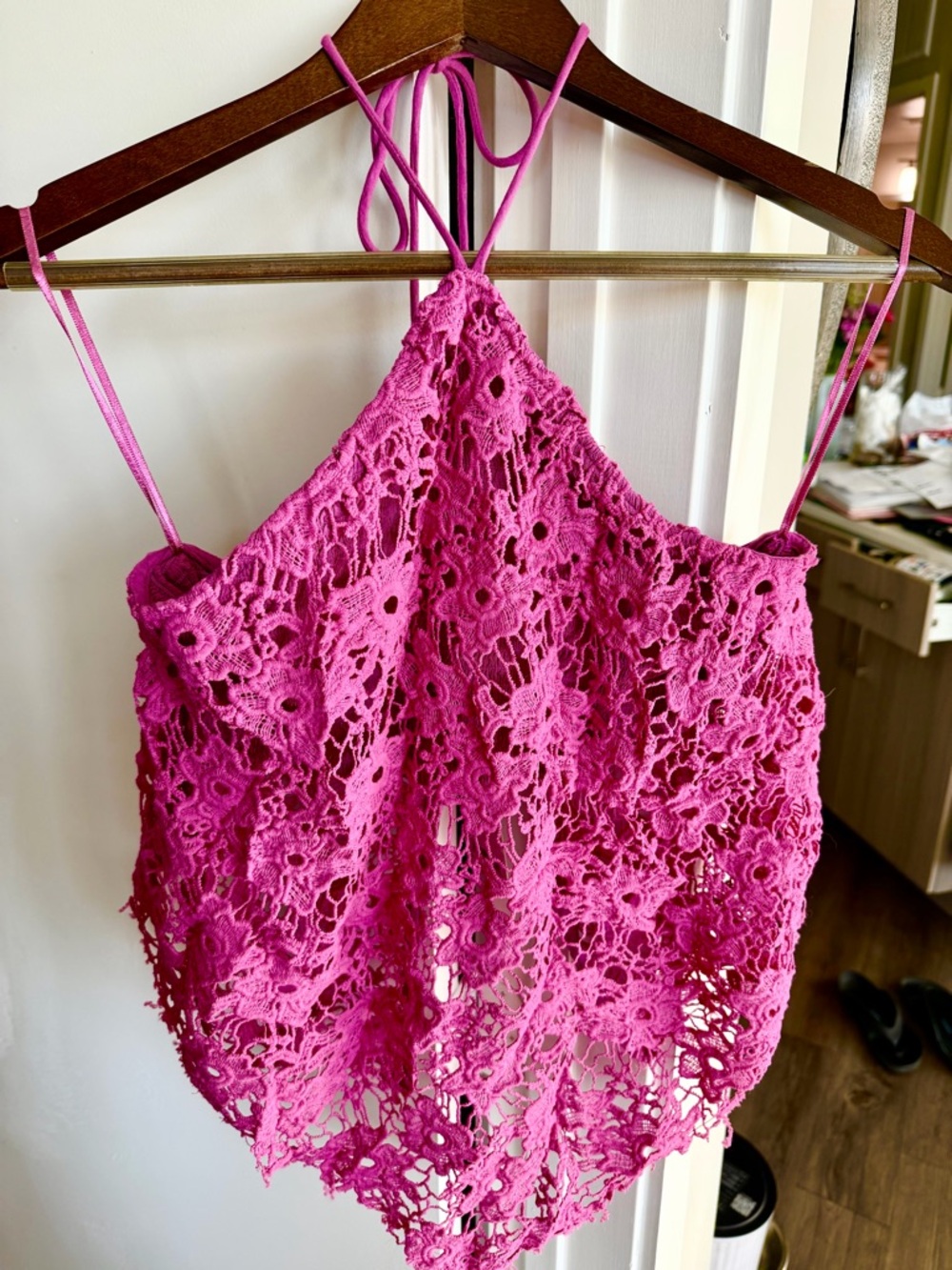 Free People Crochet Floral Halter Tank Top in Bright Fuchsia M